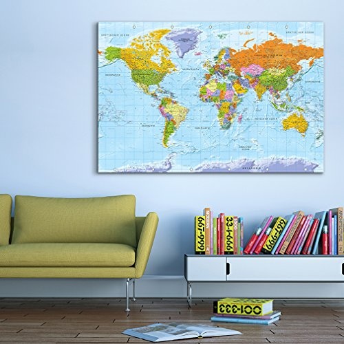 decomonkey 120x80 cm Politische Weltkarte Deutsch Pinnwand Leinwand Bilder Wandbilder Landkarte Welt Kontinente Reise Geographie