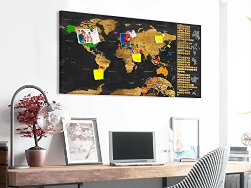 murando Rubbelweltkarte deutsch Pinnwand 90x45 cm schwarz Weltneuheit: Weltkarte zum Rubbeln Laminiert Rubbelkarte mit Fahnen/Nationalflaggen Inkl. 50 Markierfähnchen/Pinnnadeln k-A-0242-o-c