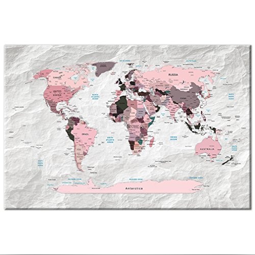 Weltkarte Pinnwand 120x80 cm Leinwand | Bilder Leinwandbilder - Fertig aufgespannt auf dicker 10mm Holzfasertafel! Aufhängfertig! Auch als Korktafel nutzbar! XXL Format -  PWC0033b1XL