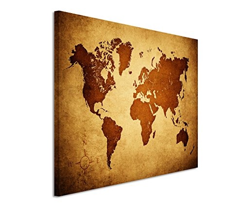 120x80cm Leinwandbild auf Keilrahmen Weltkarte braun beige Wandbild auf Leinwand als Panorama
