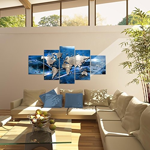 Bilder Weltkarte World Map Wandbild 200 x 100 cm Vlies - Leinwand Bild XXL Format Wandbilder Wohnzimmer Wohnung Deko Kunstdrucke Blau 5 Teilig - MADE IN GERMANY - Fertig zum Aufhängen 106851a