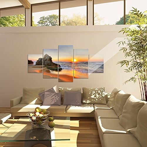 Bilder Sonnenaufgang Strand Wandbild 200 x 100 cm Vlies - Leinwand Bild XXL Format Wandbilder Wohnzimmer Wohnung Deko Kunstdrucke Orang 5 Teilig - MADE IN GERMANY - Fertig zum Aufhängen 609551a