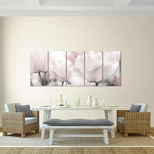 Bilder Blumen Tulpen Wandbild 200 x 80 cm Vlies - Leinwand Bild XXL Format Wandbilder Wohnzimmer Wohnung Deko Kunstdrucke Grau 5 Teilig - Made IN Germany - Fertig zum Aufhängen 203955c