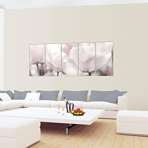 Bilder Blumen Tulpen Wandbild 200 x 80 cm Vlies - Leinwand Bild XXL Format Wandbilder Wohnzimmer Wohnung Deko Kunstdrucke Grau 5 Teilig - Made IN Germany - Fertig zum Aufhängen 203955c