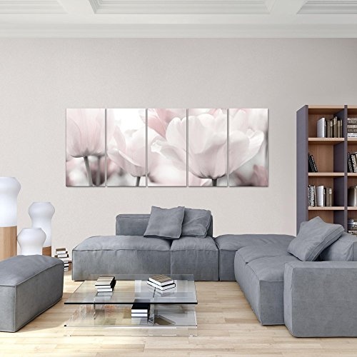 Bilder Blumen Tulpen Wandbild 200 x 80 cm Vlies - Leinwand Bild XXL Format Wandbilder Wohnzimmer Wohnung Deko Kunstdrucke Grau 5 Teilig - Made IN Germany - Fertig zum Aufhängen 203955c