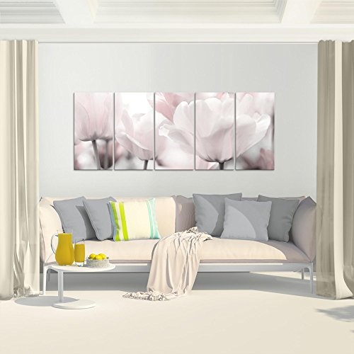 Bilder Blumen Tulpen Wandbild 200 x 80 cm Vlies - Leinwand Bild XXL Format Wandbilder Wohnzimmer Wohnung Deko Kunstdrucke Grau 5 Teilig - Made IN Germany - Fertig zum Aufhängen 203955c