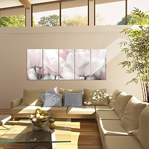 Bilder Blumen Tulpen Wandbild 200 x 80 cm Vlies - Leinwand Bild XXL Format Wandbilder Wohnzimmer Wohnung Deko Kunstdrucke Grau 5 Teilig - Made IN Germany - Fertig zum Aufhängen 203955c
