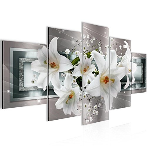 Bilder Blumen Lilien Wandbild 200 x 100 cm Vlies - Leinwand Bild XXL Format Wandbilder Wohnzimmer Wohnung Deko Kunstdrucke Grau 5 Teilig - MADE IN GERMANY - Fertig zum Aufhängen 204751c