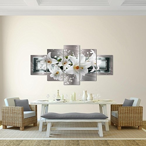 Bilder Blumen Lilien Wandbild 200 x 100 cm Vlies - Leinwand Bild XXL Format Wandbilder Wohnzimmer Wohnung Deko Kunstdrucke Grau 5 Teilig - MADE IN GERMANY - Fertig zum Aufhängen 204751c