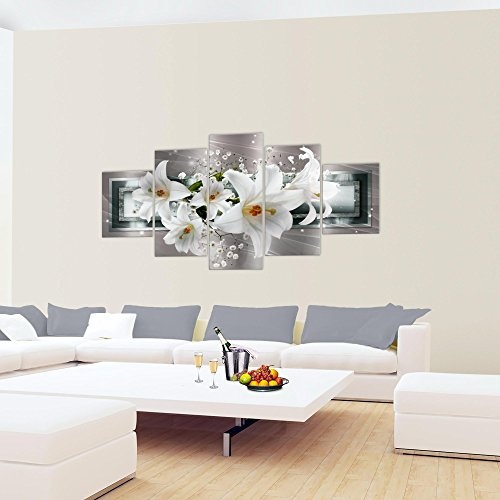 Bilder Blumen Lilien Wandbild 200 x 100 cm Vlies - Leinwand Bild XXL Format Wandbilder Wohnzimmer Wohnung Deko Kunstdrucke Grau 5 Teilig - MADE IN GERMANY - Fertig zum Aufhängen 204751c