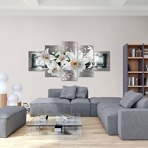Bilder Blumen Lilien Wandbild 200 x 100 cm Vlies - Leinwand Bild XXL Format Wandbilder Wohnzimmer Wohnung Deko Kunstdrucke Grau 5 Teilig - MADE IN GERMANY - Fertig zum Aufhängen 204751c
