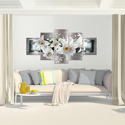 Bilder Blumen Lilien Wandbild 200 x 100 cm Vlies - Leinwand Bild XXL Format Wandbilder Wohnzimmer Wohnung Deko Kunstdrucke Grau 5 Teilig - MADE IN GERMANY - Fertig zum Aufhängen 204751c