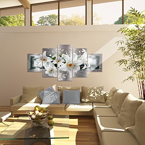 Bilder Blumen Lilien Wandbild 200 x 100 cm Vlies - Leinwand Bild XXL Format Wandbilder Wohnzimmer Wohnung Deko Kunstdrucke Grau 5 Teilig - MADE IN GERMANY - Fertig zum Aufhängen 204751c