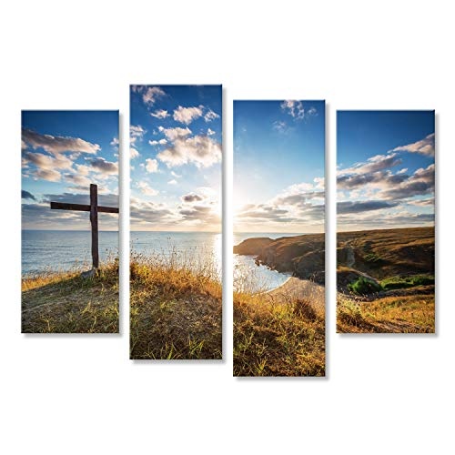 Bild Bilder auf Leinwand Christliches Kreuz auf Einem Strand mit Einem herrlichen Sonnenaufgang Wandbild Leinwandbild Poster