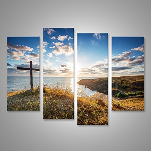 Bild Bilder auf Leinwand Christliches Kreuz auf Einem Strand mit Einem herrlichen Sonnenaufgang Wandbild Leinwandbild Poster
