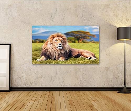 Bild Bilder auf Leinwand Großer Löwe, der auf Savannengraslandschaft mit charakteristischen Bäumen auf der Ebene und den Hügeln im b liegt Wandbild, Poster, Leinwandbild MWG