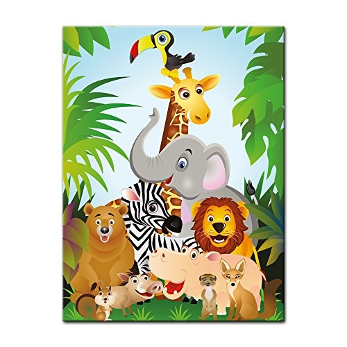 Wandbild - Kinderbild Dschungeltiere Cartoon II - Bild auf Leinwand - 40x50 cm - Leinwandbilder - Kinder - Afrika - Zoo - Tierpark - niedlich