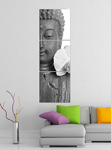 Leinwandbild 3tlg Buddha statur lilien blüte Asien schwarz weiß Bilder Druck auf Leinwand Vertikal Bild Kunstdruck mehrteilig Holz 9YA4942, Vertikal Größe:Gesamt 40x120cm