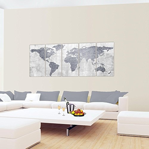 Bilder Weltkarte World map Wandbild 200 x 80 cm Vlies - Leinwand Bild XXL Format Wandbilder Wohnzimmer Wohnung Deko Kunstdrucke Grau 5 Teilig - Made IN Germany - Fertig zum Aufhängen 104355c