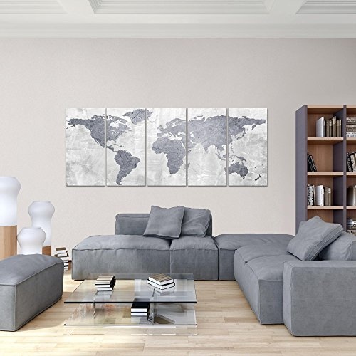 Bilder Weltkarte World map Wandbild 200 x 80 cm Vlies - Leinwand Bild XXL Format Wandbilder Wohnzimmer Wohnung Deko Kunstdrucke Grau 5 Teilig - Made IN Germany - Fertig zum Aufhängen 104355c