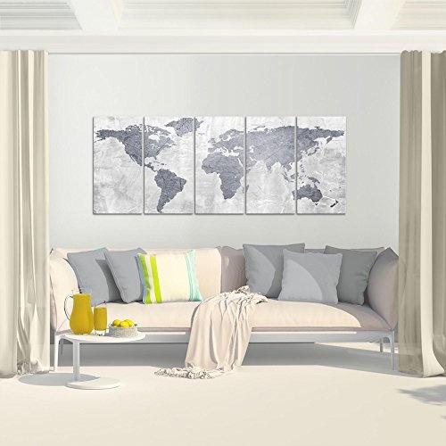 Bilder Weltkarte World map Wandbild 200 x 80 cm Vlies - Leinwand Bild XXL Format Wandbilder Wohnzimmer Wohnung Deko Kunstdrucke Grau 5 Teilig - Made IN Germany - Fertig zum Aufhängen 104355c