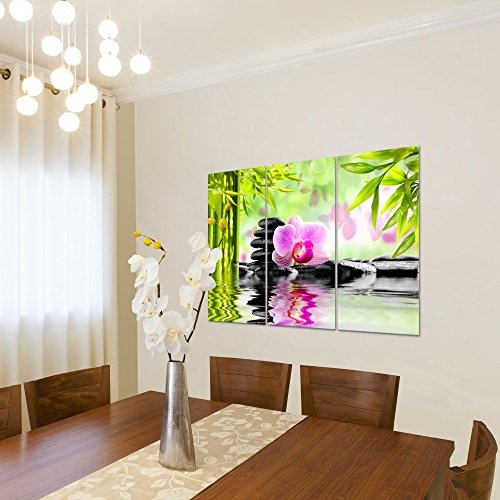 Bilder Orchidee Feng Shui Wandbild 120 x 80 cm Vlies - Leinwand Bild XXL Format Wandbilder Wohnzimmer Wohnung Deko Kunstdrucke Pink 3 Teilig -100% MADE IN GERMANY - Fertig zum Aufhängen 502031a