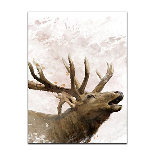 Wandbild - Aquarell - Hirsch - Bild auf Leinwand 30 x 40 cm einteilig - Leinwandbilder - Bilder als Leinwanddruck - Tierwelten - Malerei - Geweih - Wild - röhrender Hirsch