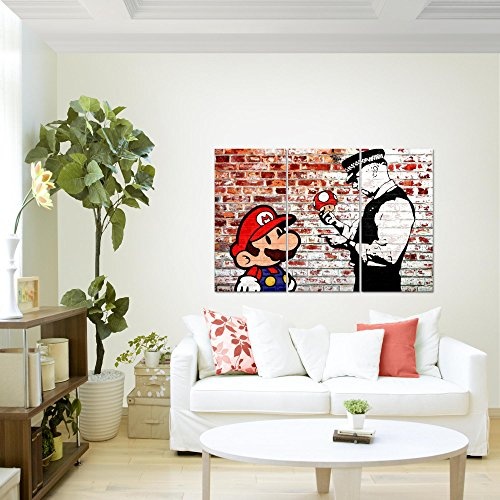 Bilder Mario and Cop Banksy Wandbild 120 x 80 cm Vlies - Leinwand Bild XXL Wandbilder Wohnzimmer Wohnung Deko Fertig zum Aufhängen 303031b