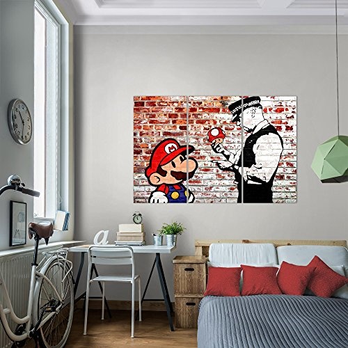 Bilder Mario and Cop Banksy Wandbild 120 x 80 cm Vlies - Leinwand Bild XXL Wandbilder Wohnzimmer Wohnung Deko Fertig zum Aufhängen 303031b