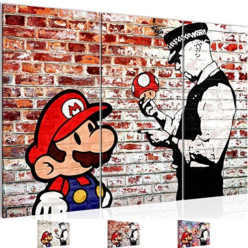 Bilder Mario and Cop Banksy Wandbild 120 x 80 cm Vlies - Leinwand Bild XXL Wandbilder Wohnzimmer Wohnung Deko Fertig zum Aufhängen 303031b