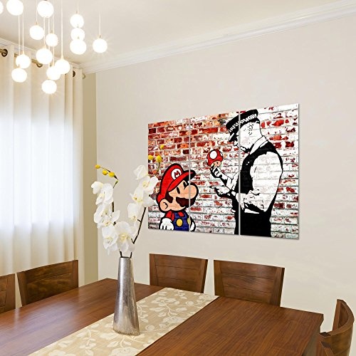 Bilder Mario and Cop Banksy Wandbild 120 x 80 cm Vlies - Leinwand Bild XXL Wandbilder Wohnzimmer Wohnung Deko Fertig zum Aufhängen 303031b