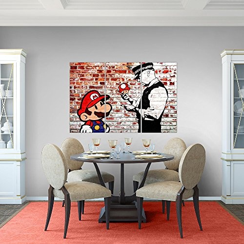 Bilder Mario and Cop Banksy Wandbild 120 x 80 cm Vlies - Leinwand Bild XXL Wandbilder Wohnzimmer Wohnung Deko Fertig zum Aufhängen 303031b