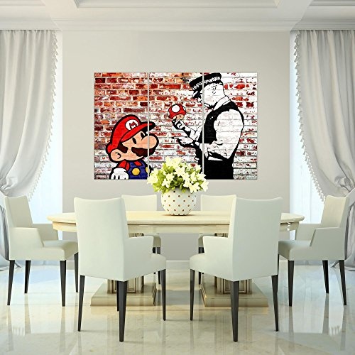 Bilder Mario and Cop Banksy Wandbild 120 x 80 cm Vlies - Leinwand Bild XXL Wandbilder Wohnzimmer Wohnung Deko Fertig zum Aufhängen 303031b