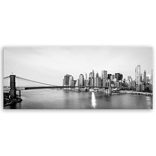 ge Bildet® hochwertiges Leinwandbild XXL Panorama - New York City skyline und die Brooklyn Bridge - schwarz weiß - 120 x 50 cm einteilig 1022
