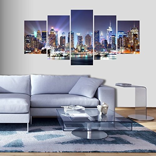 decomonkey Bilder New York 200x100 cm XXL 5 Teilig Leinwandbilder Bild auf Leinwand Vlies Wandbild Kunstdruck Wanddeko Wand Wohnzimmer Wanddekoration Deko Stadt City Architektur