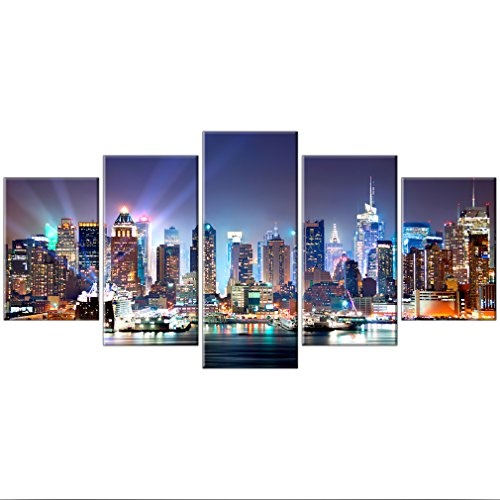 decomonkey Bilder New York 200x100 cm XXL 5 Teilig Leinwandbilder Bild auf Leinwand Vlies Wandbild Kunstdruck Wanddeko Wand Wohnzimmer Wanddekoration Deko Stadt City Architektur