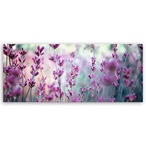 ge Bildet® hochwertiges Leinwandbild Panorama XXL Pflanzen Bilder - Lavendelblüten Feld - Blumen Violett Lavendel Natur - 120 x 50 cm einteilig 2206 F