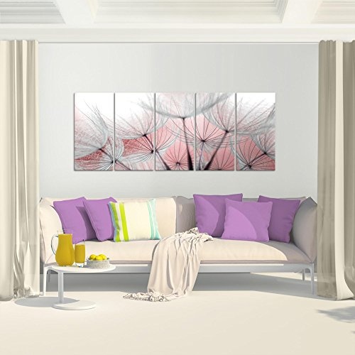 Bilder Blumen Pusteblume Wandbild 200 x 80 cm Vlies - Leinwand Bild XXL Format Wandbilder Wohnzimmer Wohnung Deko Kunstdrucke Rosa 5 Teilig - MADE IN GERMANY - Fertig zum Aufhängen 206155c