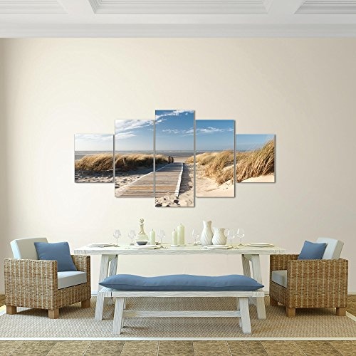 Runa Art Bilder Strand Meer Wandbild 200 x 100 cm Vlies - Leinwand Bild XXL Format Wandbilder Wohnzimmer Wohnung Deko Kunstdrucke Beige 5 Teilig - Made in Germany - Fertig Zum Aufhängen 604051a