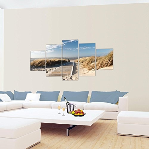 Runa Art Bilder Strand Meer Wandbild 200 x 100 cm Vlies - Leinwand Bild XXL Format Wandbilder Wohnzimmer Wohnung Deko Kunstdrucke Beige 5 Teilig - Made in Germany - Fertig Zum Aufhängen 604051a