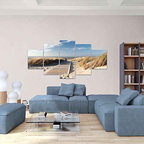 Runa Art Bilder Strand Meer Wandbild 200 x 100 cm Vlies - Leinwand Bild XXL Format Wandbilder Wohnzimmer Wohnung Deko Kunstdrucke Beige 5 Teilig - Made in Germany - Fertig Zum Aufhängen 604051a