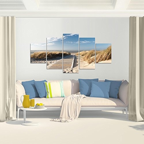 Runa Art Bilder Strand Meer Wandbild 200 x 100 cm Vlies - Leinwand Bild XXL Format Wandbilder Wohnzimmer Wohnung Deko Kunstdrucke Beige 5 Teilig - Made in Germany - Fertig Zum Aufhängen 604051a