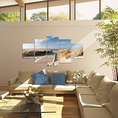 Runa Art Bilder Strand Meer Wandbild 200 x 100 cm Vlies - Leinwand Bild XXL Format Wandbilder Wohnzimmer Wohnung Deko Kunstdrucke Beige 5 Teilig - Made in Germany - Fertig Zum Aufhängen 604051a