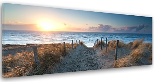 Feeby Frames, Leinwandbild, Bilder, Wand Bild, Wandbilder, Kunstdruck 50x150cm, STRAND, MEER, WASSER, LANDSCHAFT, AUSSICHT, WEG, SAND, GRAS, BLAU, BRAUN