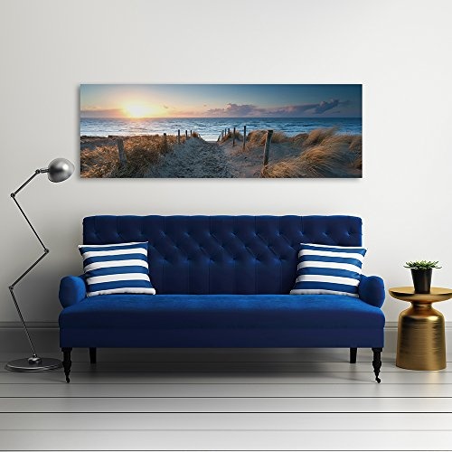 Feeby Frames, Leinwandbild, Bilder, Wand Bild, Wandbilder, Kunstdruck 50x150cm, STRAND, MEER, WASSER, LANDSCHAFT, AUSSICHT, WEG, SAND, GRAS, BLAU, BRAUN