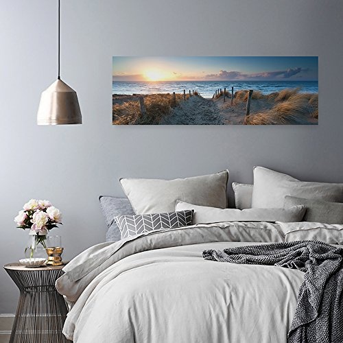 Feeby Frames, Leinwandbild, Bilder, Wand Bild, Wandbilder, Kunstdruck 50x150cm, STRAND, MEER, WASSER, LANDSCHAFT, AUSSICHT, WEG, SAND, GRAS, BLAU, BRAUN