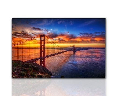TOPSELLER WANDBILD (Golden Gate Bridge Sunset 70x110cm) Leinwandbild gerahmt Meer Ruhe Ausführung Kunstdruck auf Leinwand. Günstig inkl bepannung auf Rahmen