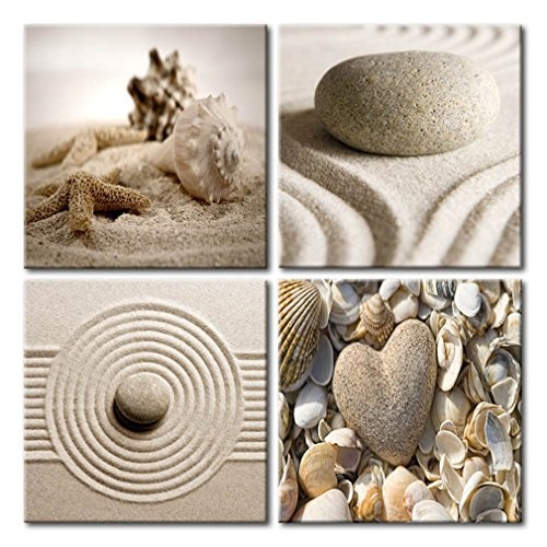 decomonkey Bilder Steine Spa 40x40 cm 4 Teilig Leinwandbilder Bild auf Leinwand Vlies Wandbild Kunstdruck Wanddeko Wand Wohnzimmer Wanddekoration Deko Zen Natur Sand