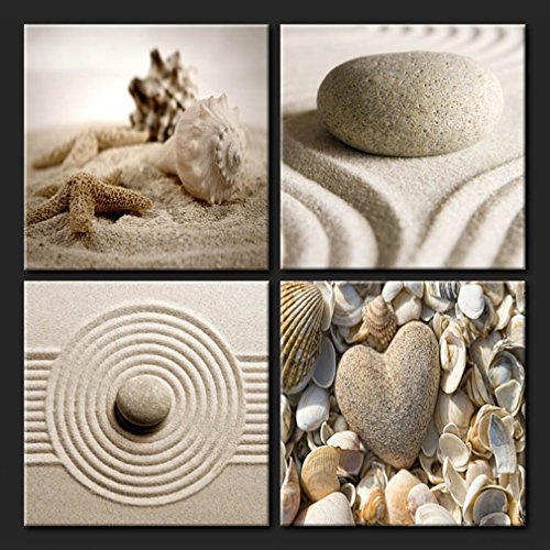decomonkey Bilder Steine Spa 40x40 cm 4 Teilig Leinwandbilder Bild auf Leinwand Vlies Wandbild Kunstdruck Wanddeko Wand Wohnzimmer Wanddekoration Deko Zen Natur Sand