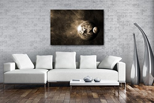 deyoli Dark Violette Erde mit Mond Format: 80x60 Effekt: Sepia als Leinwandbild, Motiv fertig gerahmt auf Echtholzrahmen, Hochwertiger Digitaldruck mit Rahmen, Kein Poster oder Plakat